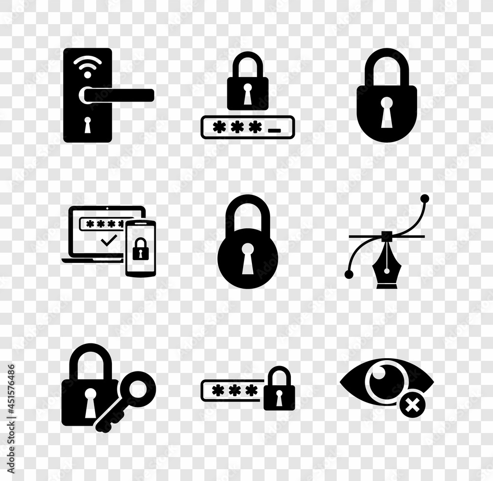 Set Digital door lock with wireless, Password protection, Lock, and key, and Invisible hide icon. Vector Set Digital door lock with wireless, Password protection, Lock, and key, and Invisible hide icon. Vector