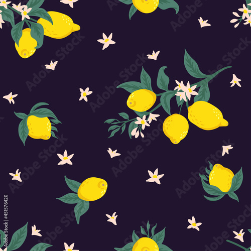 Summer tropical seamless pattern with colorful lemons and flowers.Vector citrus fruits background. Modern exotic floral design for paper, cover, fabric, interior decor and other users.