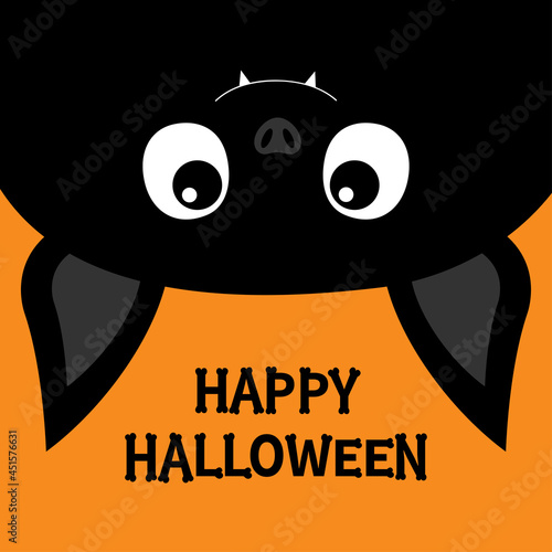 Hanging bat face head. Happy Halloween. Bones text font. Bone letter type. Cute cartoon kawaii funny baby animal charater. Greeting card. Flat design. Orange background. Isolated.