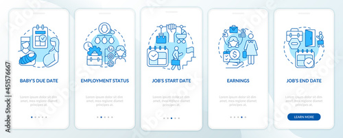 Calculating maternity pay requirements blue onboarding mobile app page screen. Walkthrough 5 steps graphic instructions with concepts. UI, UX, GUI vector template with linear color illustrations