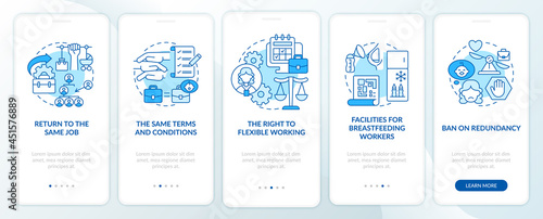 Return to work employee rights blue onboarding mobile app page screen. Workplace walkthrough 5 steps graphic instructions with concepts. UI, UX, GUI vector template with linear color illustrations