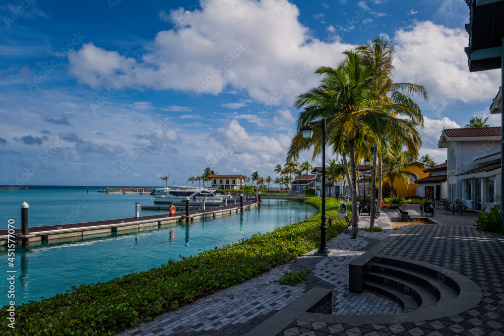 Crossroads Maldives: marina in local island port. Territory of hotels saii lagoon and hard rock. July 2021