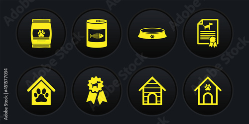 Set Dog house and paw print pet, Certificate for dog or cat, award symbol, , Pet food bowl and Canned icon. Vector