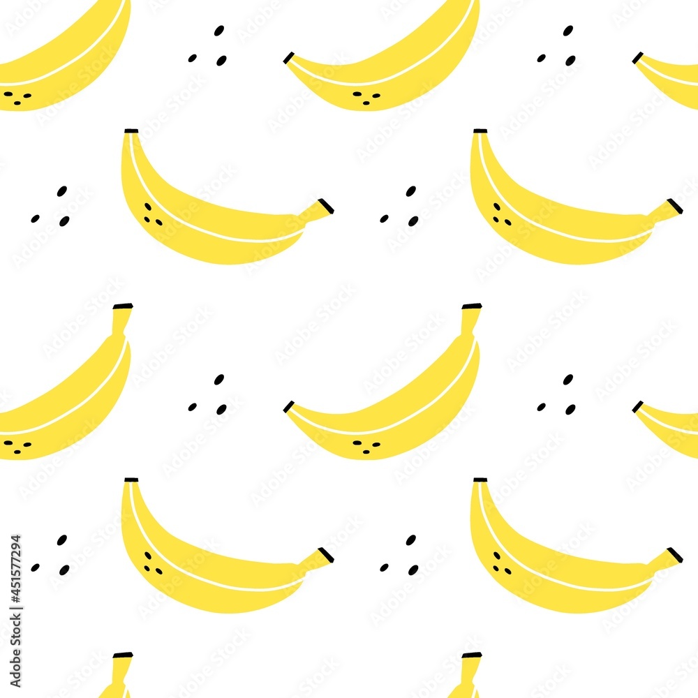 Banana seamless pattern. Exotic tropical fresh fruit, whole and sliced, bananas peel, cartoon minimalistic style isolated background, decor textile, wrapping paper wallpaper vector print or fabric