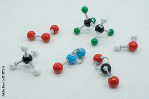 Picture of different greenhouse gases made by molecular model on white background. Chemical formula of nitrogen monoxide, carbon dioxide, methane, water, ozone and HFC - 125.