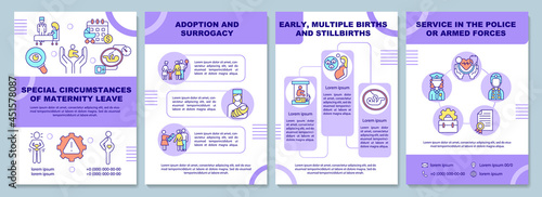 Special circumstances of maternity leave brochure template. Flyer, booklet, leaflet print, cover design with linear icons. Vector layouts for presentation, annual reports, advertisement pages photo
