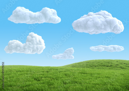 Realistic green grass hills on blue sky with clouds. Bright 3d illustration.