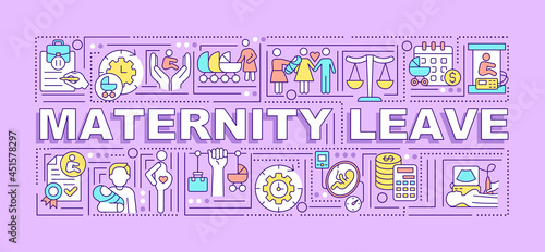Maternity leave word concepts banner. Take care of child. Infographics with linear icons on purple background. Isolated creative typography. Vector outline color illustration with text
