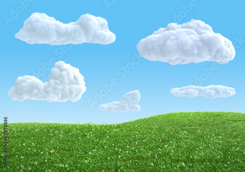 Photography Realistic green grass hills on blue sky with clouds