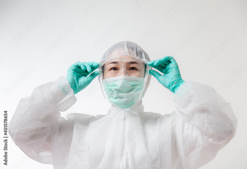 Doctor gesture up confidence Let the patient for outbreak COVID-19. Medical worker in PPE performing for Prevention of pandemic. scientist in biological protective Epidemic virus outbreak concept.