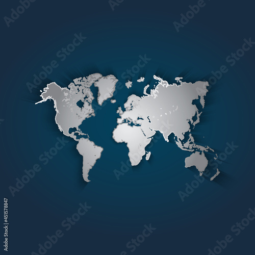 World map 3D metallic silver with chrome, shine gradient on dark blue background