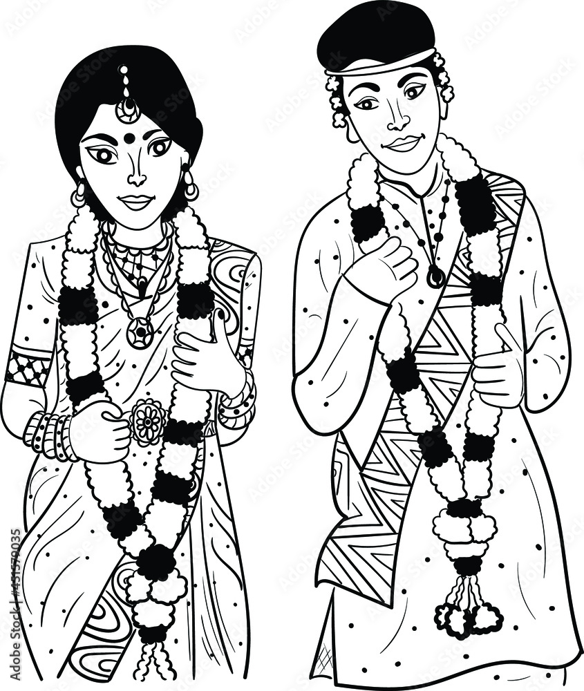 INDIAN WEDDING SYMBOL INDIAN GROOM AND BRIDE BLACK AND WHITE LINE ...