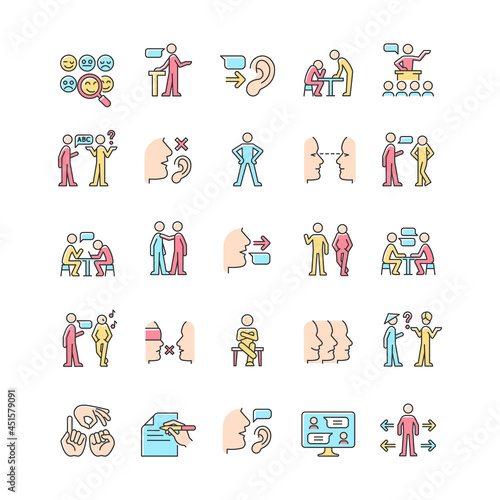Communication channel RGB color icons set. Body language. Language barriers. Eye contact. Biases. Message receiver and sender. Isolated vector illustrations. Simple filled line drawings collection