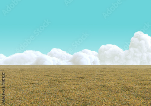 Realistic empty dry grass field with white clouds on blue sky. Horizontal clean panorama background. Bright 3d illustration.