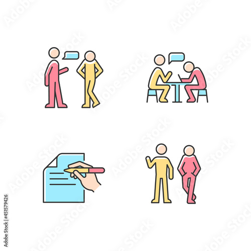 Understanding in communication RGB color icons set. Nonverbal signal. Attitudinal barriers. Writing letters. Personal discomfort. Isolated vector illustrations. Simple filled line drawings collection