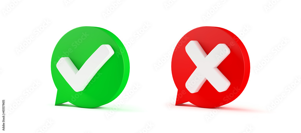 Check mark and X mark, 3d rendering Check mark and X mark, 3d rendering