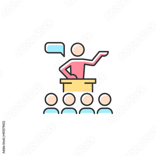 Public communication RGB color icon. Sharing information to audience. Conferences, seminars. Engaging groups in dialogue. Public speaking. Isolated vector illustration. Simple filled line drawing