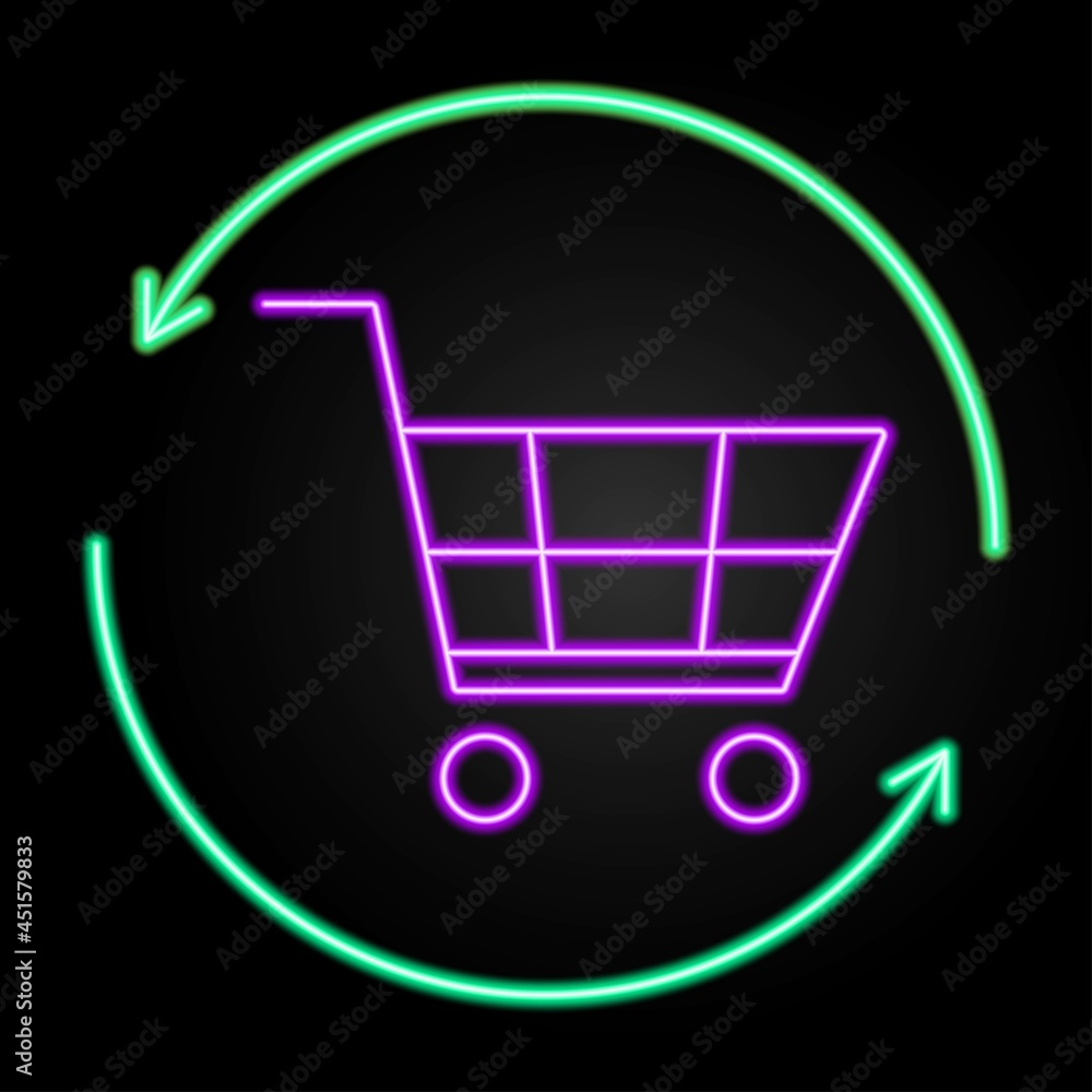 Shopping cart neon sign, modern glowing banner design, colorful trend of modern design on black background. Vector illustration. Shopping cart neon sign, modern glowing banner design, colorful trend of modern design on black background. Vector illustration.