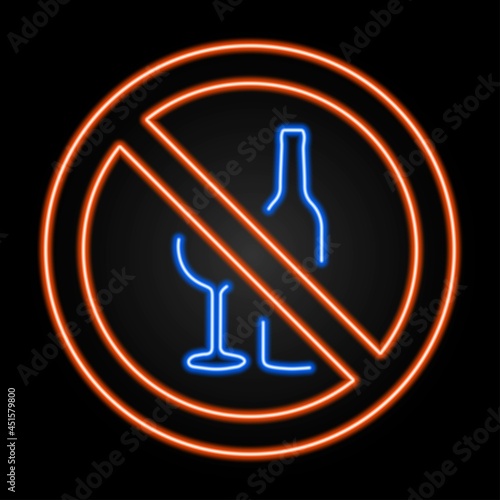 No alcohol neon sign, modern glowing banner design, colorful trend of modern design on black background. Vector illustration.