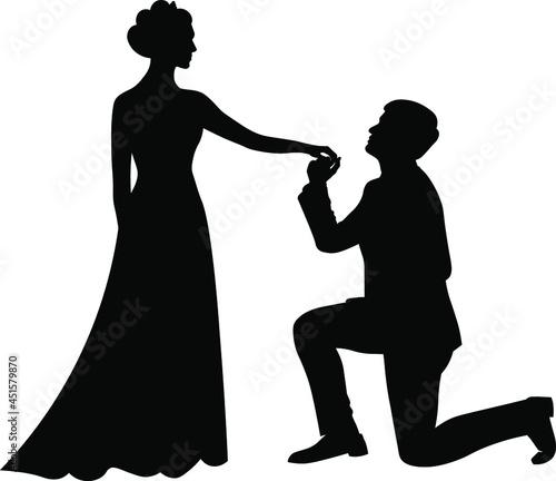 the bride and groom are standing side by side, black and white silhouettes