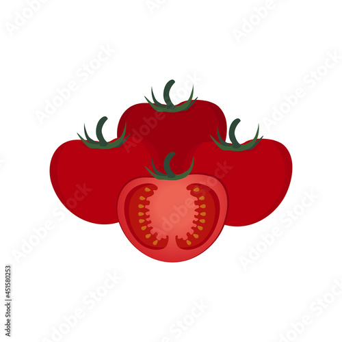 Tomato vector illustration.Set with whole and halved tomato,isolated on white background.
