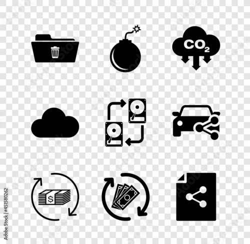 Set Delete folder, Bomb ready to explode, CO2 emissions in cloud, Refund money, and Share file icon. Vector
