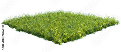 Squared surface patch covered with green grass isolated on white background. Realistic natural element for design. Bright 3d illustration.