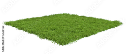 Squared surface patch covered with green grass isolated on white background. Realistic natural element for design. Bright 3d illustration.