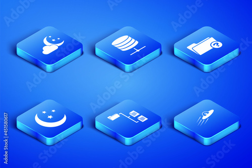 Set UFO flying spaceship and alien, Cloud with moon stars, Folder tree, Moon, Server, Data, Web Hosting and Unknown directory icon. Vector