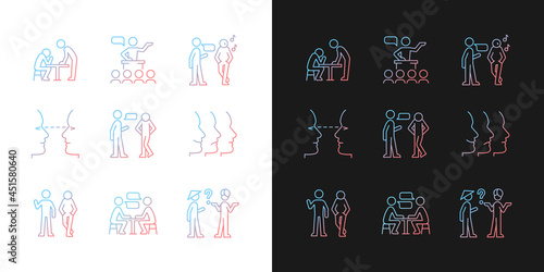Communication process gradient icons set for dark and light mode. Physical behavior. Eye contact. Thin line contour symbols bundle. Isolated vector outline illustrations collection on black and white