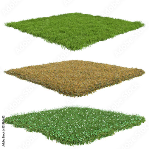 Collection squares surface patch covered with green or dry grass isolated on white background. Realistic natural element for design. Bright 3d illustration.