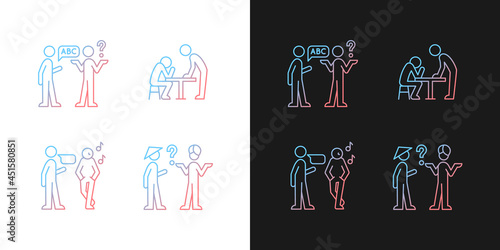 Communicating effectively gradient icons set for dark and light mode. Language, cultural barriers. Thin line contour symbols bundle. Isolated vector outline illustrations collection on black and white