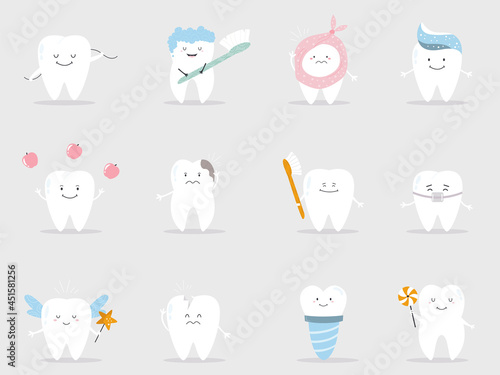 Set of cute teeth in different mood and conditions
