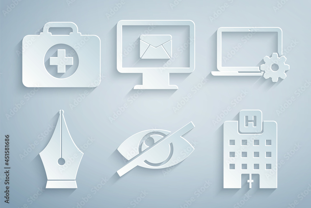 Set Invisible or hide, Laptop and gear, Fountain pen nib, Medical hospital building, Monitor envelope and First aid kit icon. Vector Set Invisible or hide, Laptop and gear, Fountain pen nib, Medical hospital building, Monitor envelope and First aid kit icon. Vector