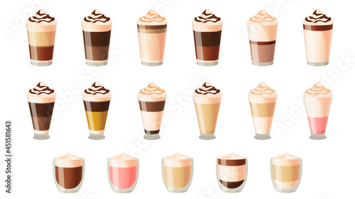 Different vector coffee types espresso, Capuccino, Hot chocolate, latte. Menu collection.
