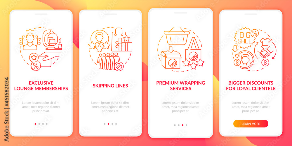 Loyalty program perks red gradient onboarding mobile app page screen. Benefits walkthrough 4 steps graphic instructions with concepts. UI, UX, GUI vector template with linear color illustrations