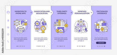 Loyalty programs trends onboarding vector template. Responsive mobile website with icons. Web page walkthrough 5 step screens. Bonus system tendencies color concept with linear illustrations