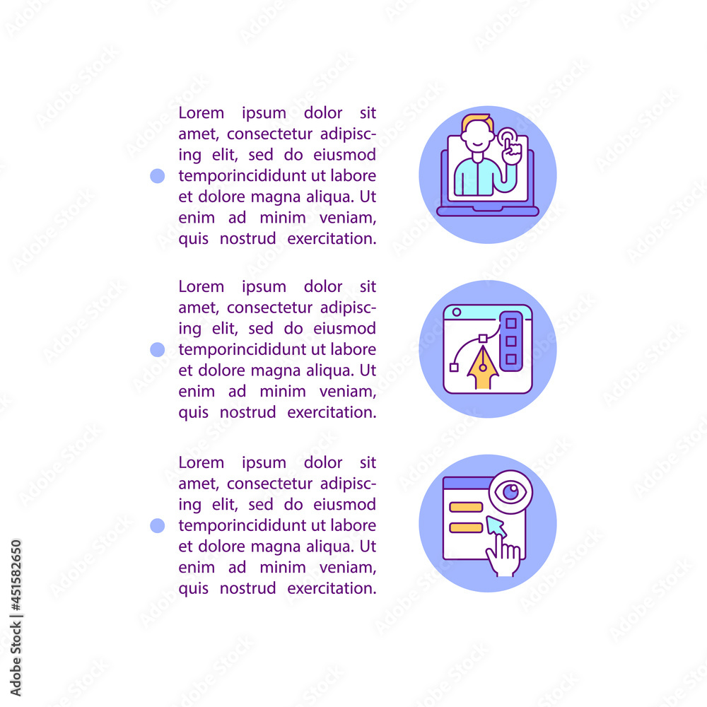 User interface concept line icons with text. PPT page vector template with copy space. Brochure, magazine, newsletter design element. Interaction with website, software linear illustrations on white