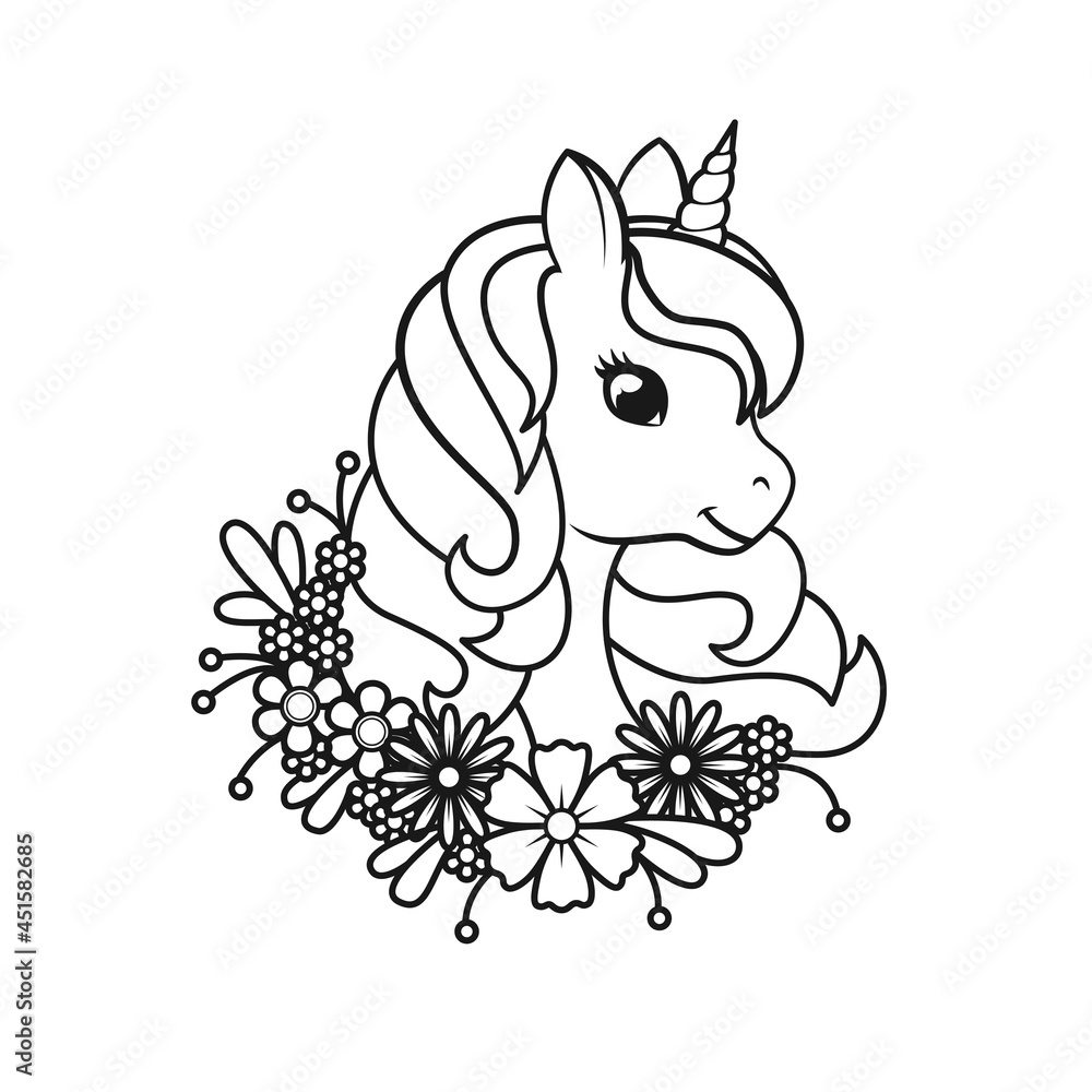 Portrait of a cute unicorn in flowers. Page for coloring book. Vector linear illustration isolated on white background