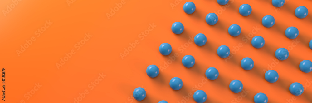 Abstract with blue balls on an orange background. Geometric structure. 3D visualization