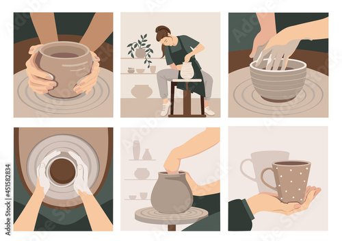 Set of posters for a pottery workshop, ceramics studio. Potter works with a potter's wheel, the process of creating ceramics in the workshop.
