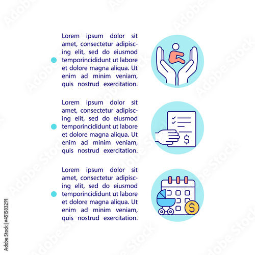 Apply for maternity benefit concept line icons with text. PPT page vector template with copy space. Brochure, magazine, newsletter design element. Paid leave linear illustrations on white