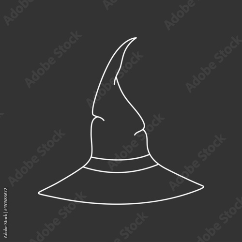 Witch hat vector illustration in doodle style. Hand drawn wizard cap for holiday Halloween. White icon isolated on black background. Scary silhouette magician hat. Accessory for party on Halloween