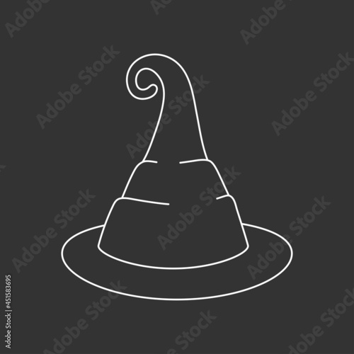 Witch hat vector illustration in doodle style. Hand drawn wizard cap for holiday Halloween. White icon isolated on black background. Scary silhouette magician hat. Accessory for party on Halloween