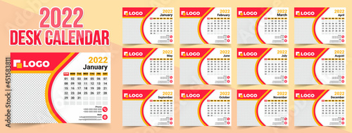 Creative Clean Red Color 2022 Desk Calendar Design Template,Week starts on Sun. Set of 12 calendar pages vector design print template with place for photo and company logo. Desk calendar template