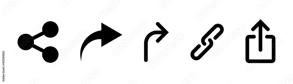 Share symbol set. Sharing icons in black. Link sign. Arrow and chain link icon. Share symbol set. Sharing icons in black. Link sign. Arrow and chain link icon.
