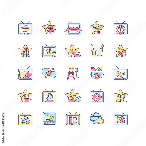 TV show RGB color icons set. Television entertainment. Media fun series. Reality shows and documentary programs. Isolated vector illustrations. Simple filled line drawings collection
