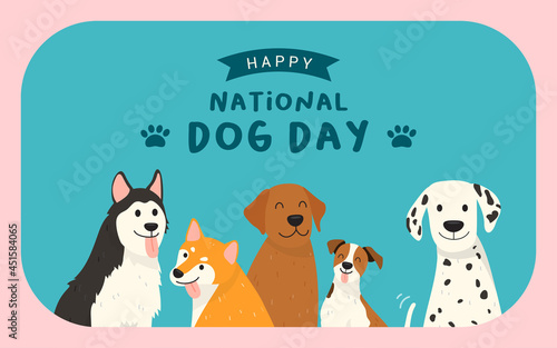 Happy National Dog Day greeting card vector design. Cute cartoon dogs on blue background
