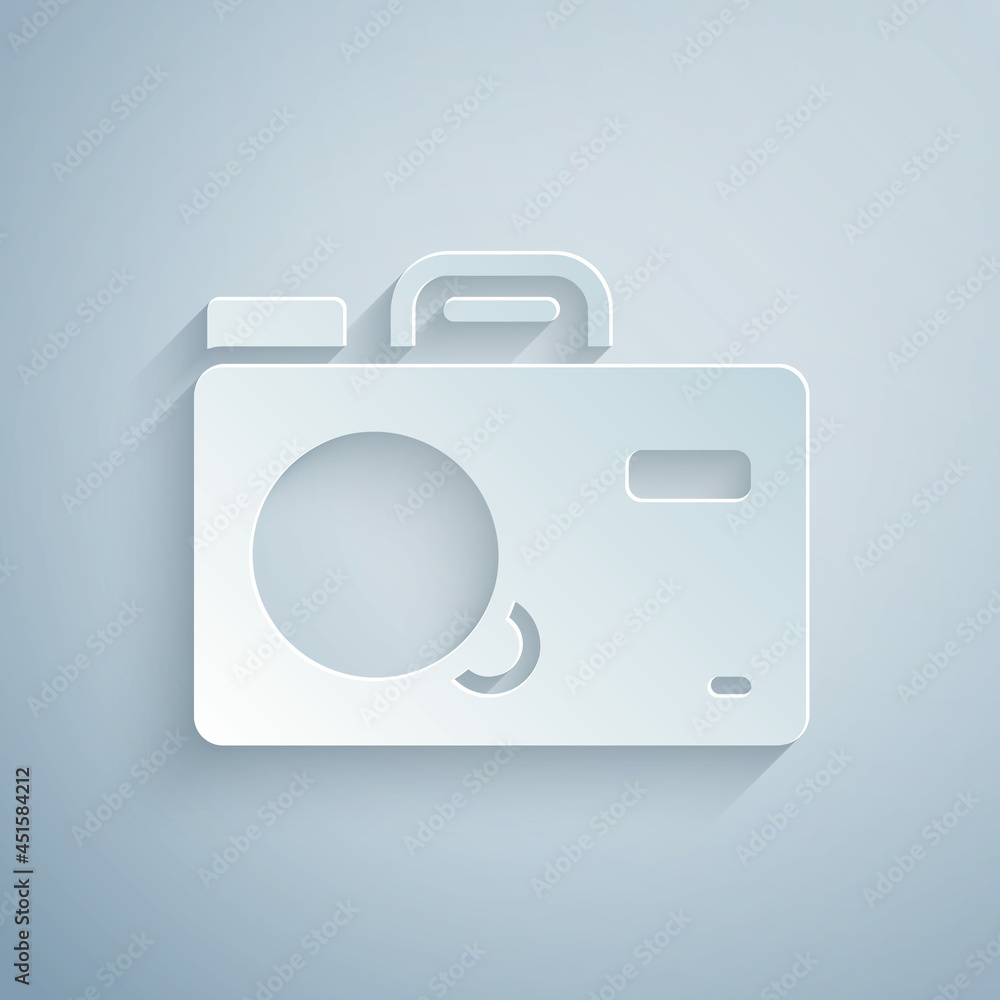 Paper cut Photo camera icon isolated on grey background. Foto camera. Digital photography. Paper art style. Vector Paper cut Photo camera icon isolated on grey background. Foto camera. Digital photography. Paper art style. Vector