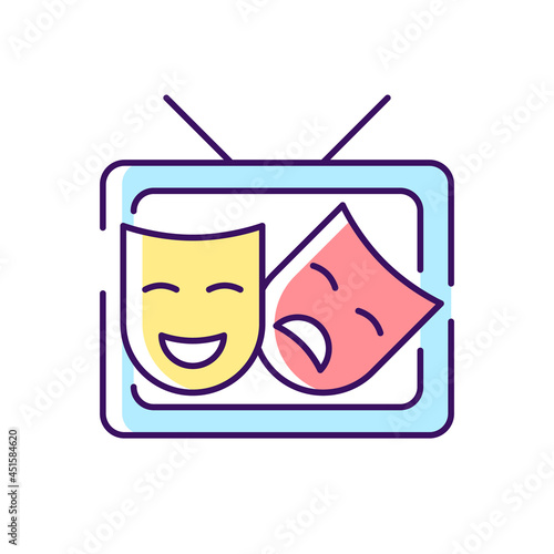 TV drama RGB color icon. Theatrical performance translation on display. Comedy acting. Television program broadcast for entertainment. Isolated vector illustration. Simple filled line drawing